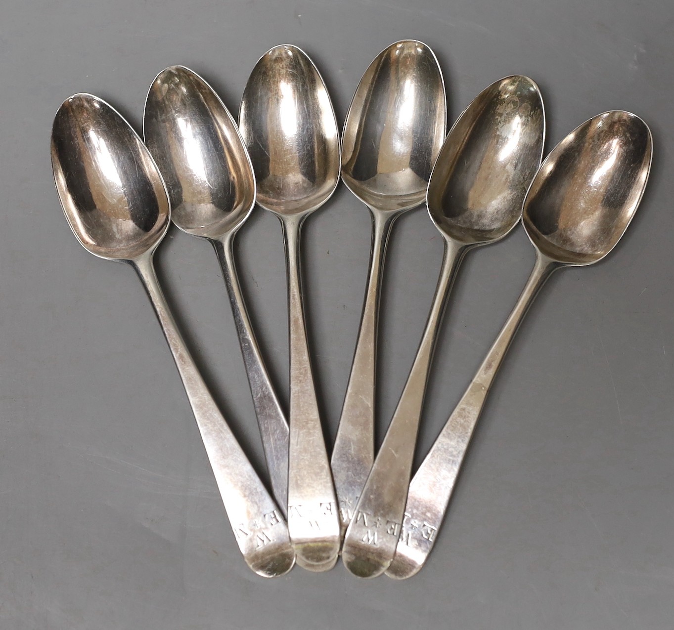 A set of six George III silver Old English patten 'picture' back teaspoons, inscribed 'Plenty', Thomas Wallis, London, 1782, 77 grams.